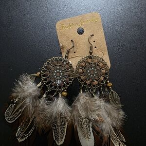 Bohemian Feather Drop Earrings - Brown
